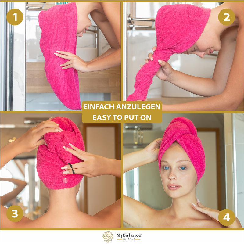 Premium Haarturban Handtuch Pink [2er Set] mit Knopf + Kosmetik Haarband - 100% Baumwolle