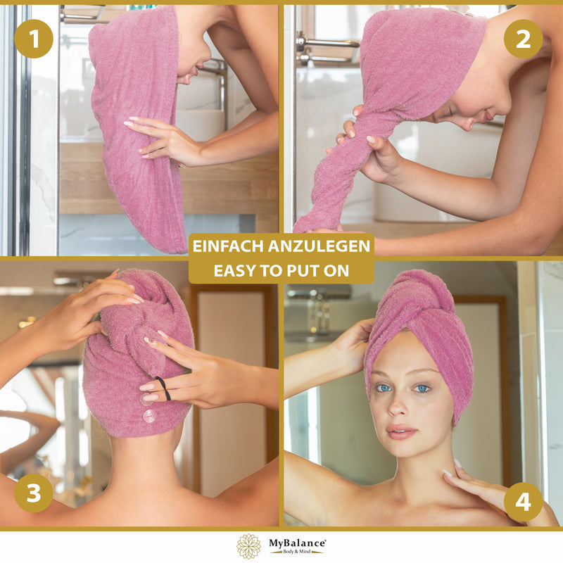Premium Haarturban Handtuch Rose [2er Set] mit Knopf + Kosmetik Haarband - 100% Baumwolle