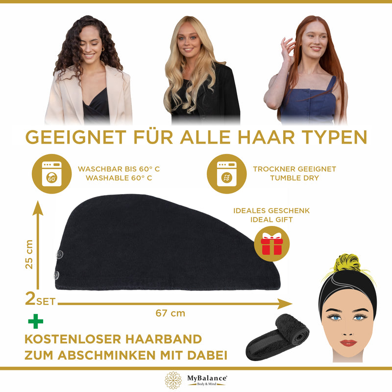 Premium Haarturban Handtuch Schwarz [2er Set] mit Knopf + Kosmetik Haarband - 100% Baumwolle
