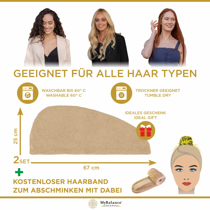 Premium Haarturban Handtuch Latte [2er Set] mit Knopf + Kosmetik Haarband - 100% Baumwolle