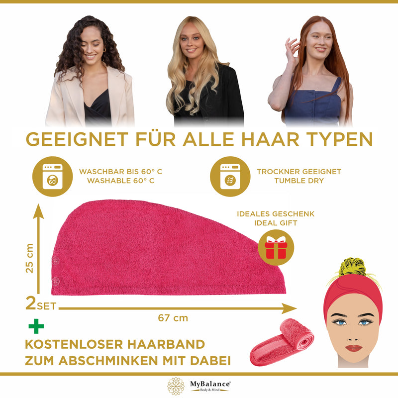 Premium Haarturban Handtuch Pink [2er Set] mit Knopf + Kosmetik Haarband - 100% Baumwolle