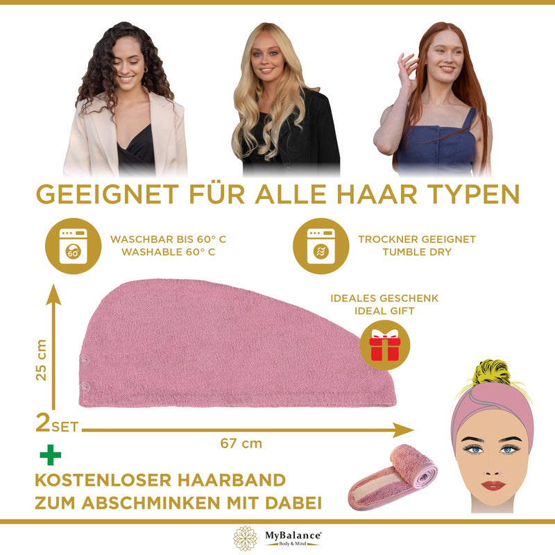 Premium Haarturban Handtuch Rose [2er Set] mit Knopf + Kosmetik Haarband - 100% Baumwolle