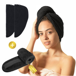 Premium Haarturban Handtuch Schwarz [2er Set] mit Knopf + Kosmetik Haarband - 100% Baumwolle
