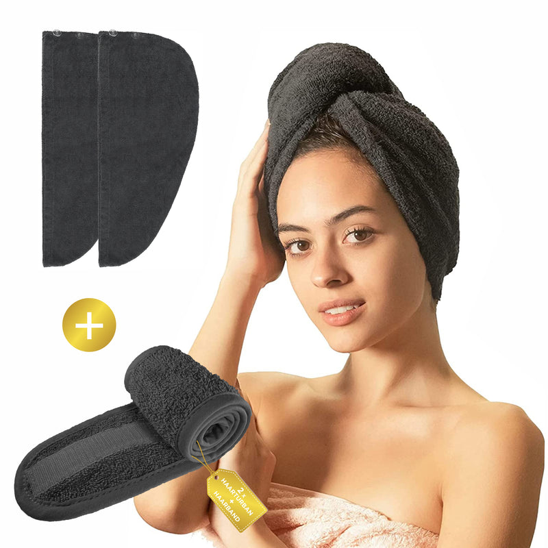 Premium Haarturban Handtuch Anthrazit [2er Set] mit Knopf + Kosmetik Haarband - 100% Baumwolle