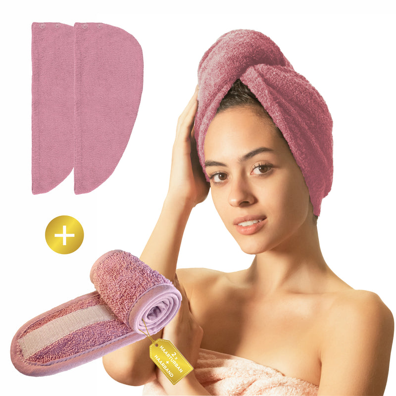 Premium Haarturban Handtuch Rose [2er Set] mit Knopf + Kosmetik Haarband - 100% Baumwolle